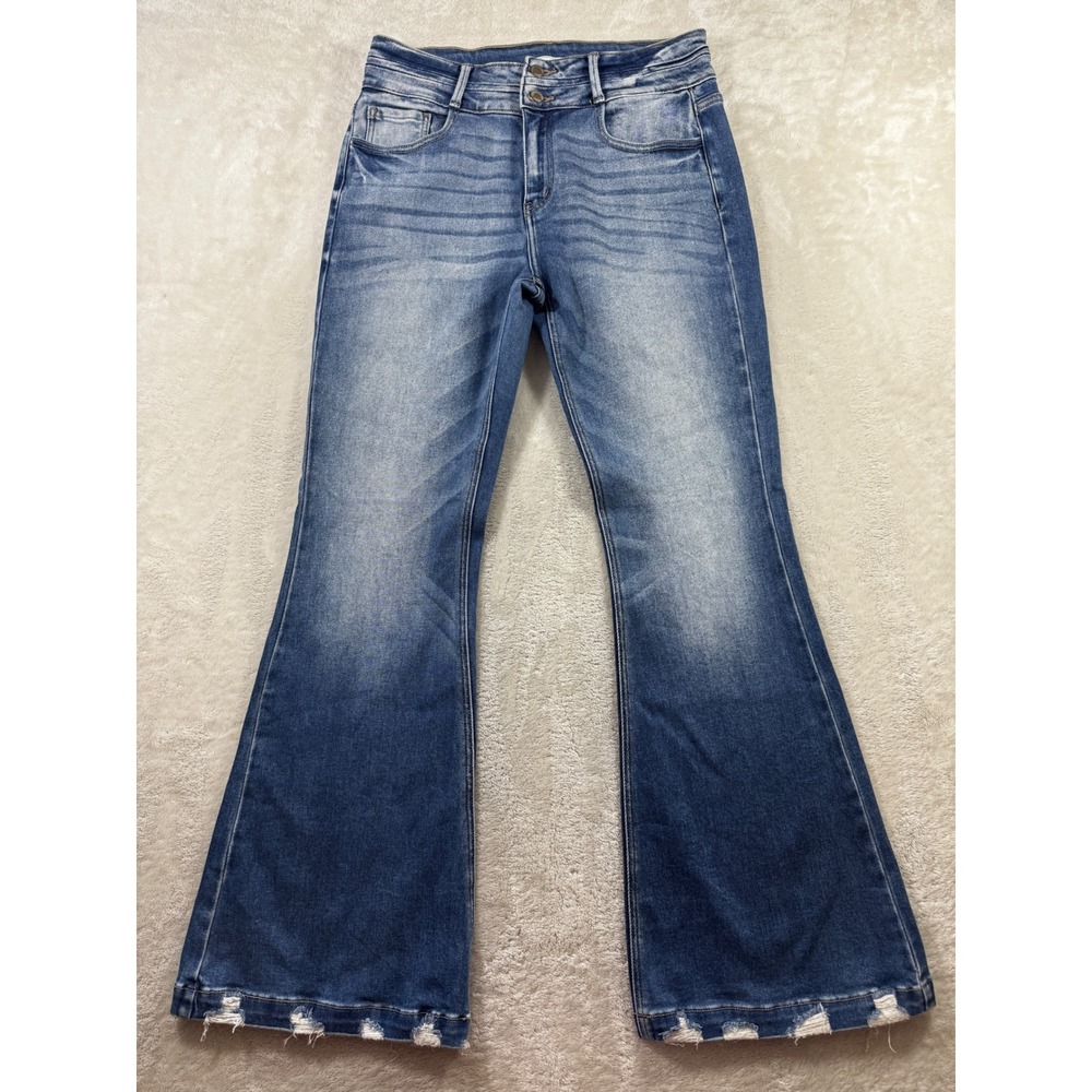Kancan Womens High Rise Flare Distressed Hem Blue Jeans 30 Meas: 30x32
